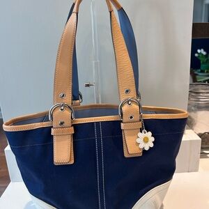 Coach Blue and Tan Tote Bag with Denim Finish